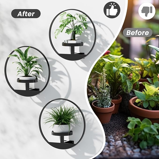 Window Plant Shelf, Hanging Frame Decor Planter for Indoor Plants, Wall Plant Holder for Living Room/Entryway/Garden Flower Pot Holder Free Garden Shears (Circle-Black, 2pcs)