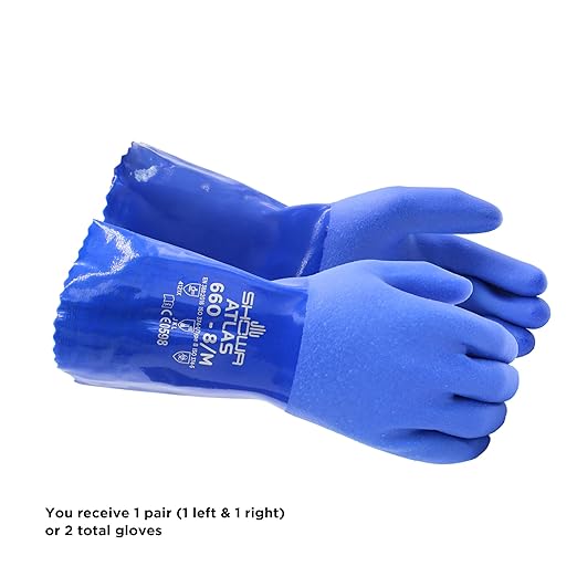 SHOWA Atlas 660 Triple-Dipped PVC Chemical Resistant Gloves, Heavy-Duty Gloves, Rough Finish Grip, Seamless Cotton Liner, 12" Length, Blue, X-Large, 1 Pair