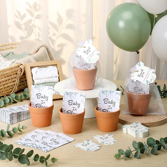 Ctosree 50 Sets Eucalyptus Leaf Baby in Bloom Baby Shower Seed Packets Favors for Guests Include Self Adhesive Seed Packets (No Seeds) Clay Plastic Flowerpot Thank You Tags Hemp Rope Organza Gift Bags