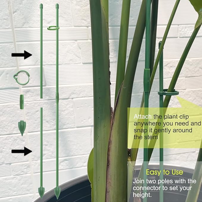 RIFNY Plant Stakes for Indoor Plants, 14 Inch Plant Support Stakes with Clips, Tall Adjustable Plant Sticks for Indoor Monstera Tomato Orchid Potted Plants Flower (16 PCS, Green)