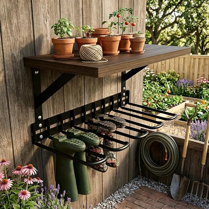 Decoroca Wall Mount Boot Rack, Garden Tool Organizer With 5 Curved Hooks & Wood Shelf, Heavy Duty Wader Boot Hangers Organizer Rack Trays for Outdoor/Indoor, Garden, Garage (2 Pack)