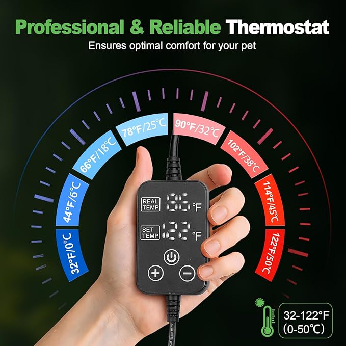 Reptile Heating Pad with Internal Sensor&Thermostat, 8" x 6" 8W Under Tank Heater Mat for 10-20 Gallon Tanks, IP67 Waterproof Safe Heat for Turtles, Bearded Dragons, Snakes, Lizards and Seedling