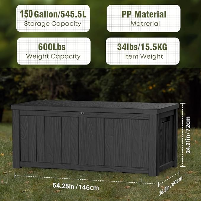 150 Gallon Deck Box,Resin Outdoor Storage Box with Lockable for Patio Furniture, Pool Accessories, Garden Tools Waterproof Outside Storage Box (Black)