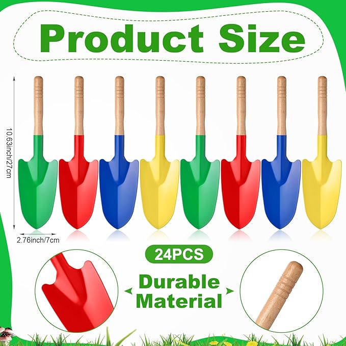 Gisafai 24 Pcs Toy Shovels for Kids Gardening Tools Kids Shovel Mini Metal Garden Shovel Sand Shovels with Sturdy Wooden Handle for Summer Beach Toddler Soil Planting Digging Tools, 4 Colors