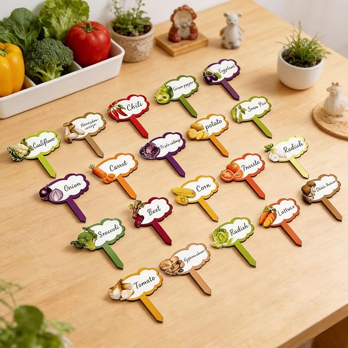 Konsait 20 Pack Wooden Vegetable Plant Labels for Outdoor Garden Waterproof Plant Name Stakes for Seed Labels Vegetable Garden Supplies,20 Styles