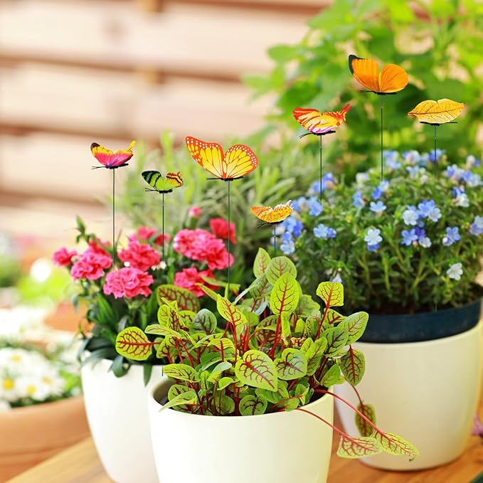 12pcs Decorative Butterfly Plant Stakes, 9.8in Lifelike Butterfly Garden Stakes PVC Waterproof Flower Pot Decorations for Garden Lawn Patio Indoor Outdoor Yard Planter Art Decor (Yellow)
