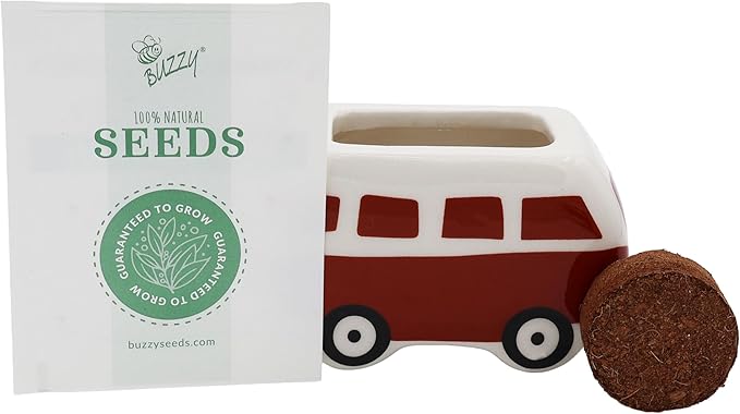 BUZZY Seeds Mini Ceramic Flower Bus Grow Kit, 4-Pack – Colorful Retro Bus Planters with Daisy, Cosmos, Calendula & Coneflower Seeds, All-in-One Seed Starter Gift Set