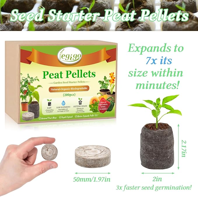 Legigo 100 PCS 50mm Peat Pellets Seed Starter Soil, Compressed Seed Starting Pods Plant Starter Soil Pods Plugs for Seedlings, Peat Pods for Starting Seeds, Herbs Tomatoes Flowers and Vegetables