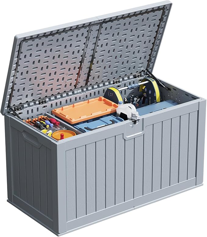 Patiowell 230 Gallon Large Deck Box, Outdoor Lockable Storage Box with Divider, Waterproof and UV-Resistant Deck Box for Patio Furniture and Garden Tools, Grey