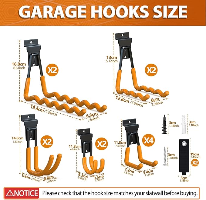 Slatwall Hooks 14PC, Slatwall Accessories, Slat Wall Hanging Hooks and Hangers 5 Sizes with Extension Cord Organizer, Proslat Accessories for Organizing Garden Tools(Orange)