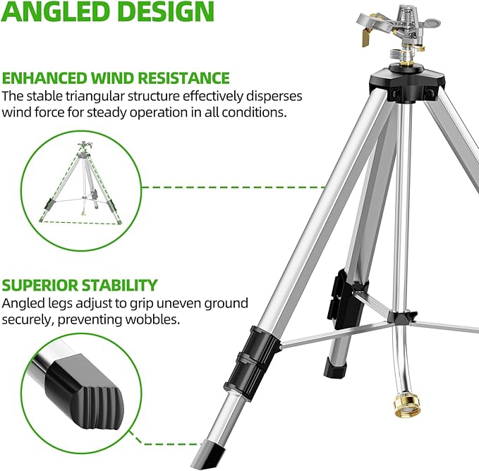 SPECILITE Brass Impact Sprinkler on Tripod Base, 48” Heavy Duty Metal Pulsating Telescoping, 360 Degree Irrigation for Large Area, Yard, Lawn, Waters up to 85ft, Covering up to 6200sqft