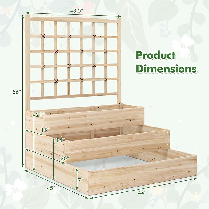HAPPYGRILL 3-Tier Raised Garden Bed, Wooden Planter with Trellis & Open-Ended Base for Patio Yard Lawn, Outdoor Planter Boxes for Climbing Plants Vines Flower Herb Vegetable Fruit, 44” x 45” x 56”