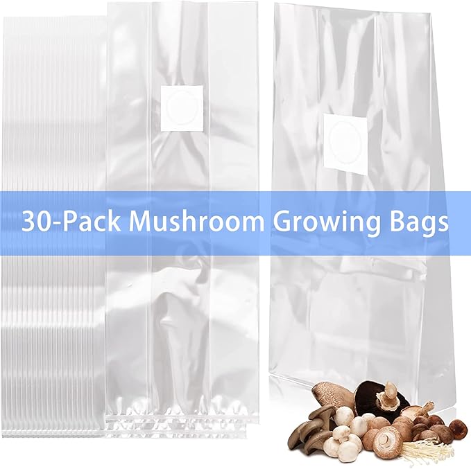 30Pcs Mushroom Grow Bags with 0.2 Micron Filter Patch, 3 Mil Polypropylene, Large Size 8" X 5" X 20" for Mushrooms and Bamboo Fungus Ganoderma Mushroom, Substrates Or Grains