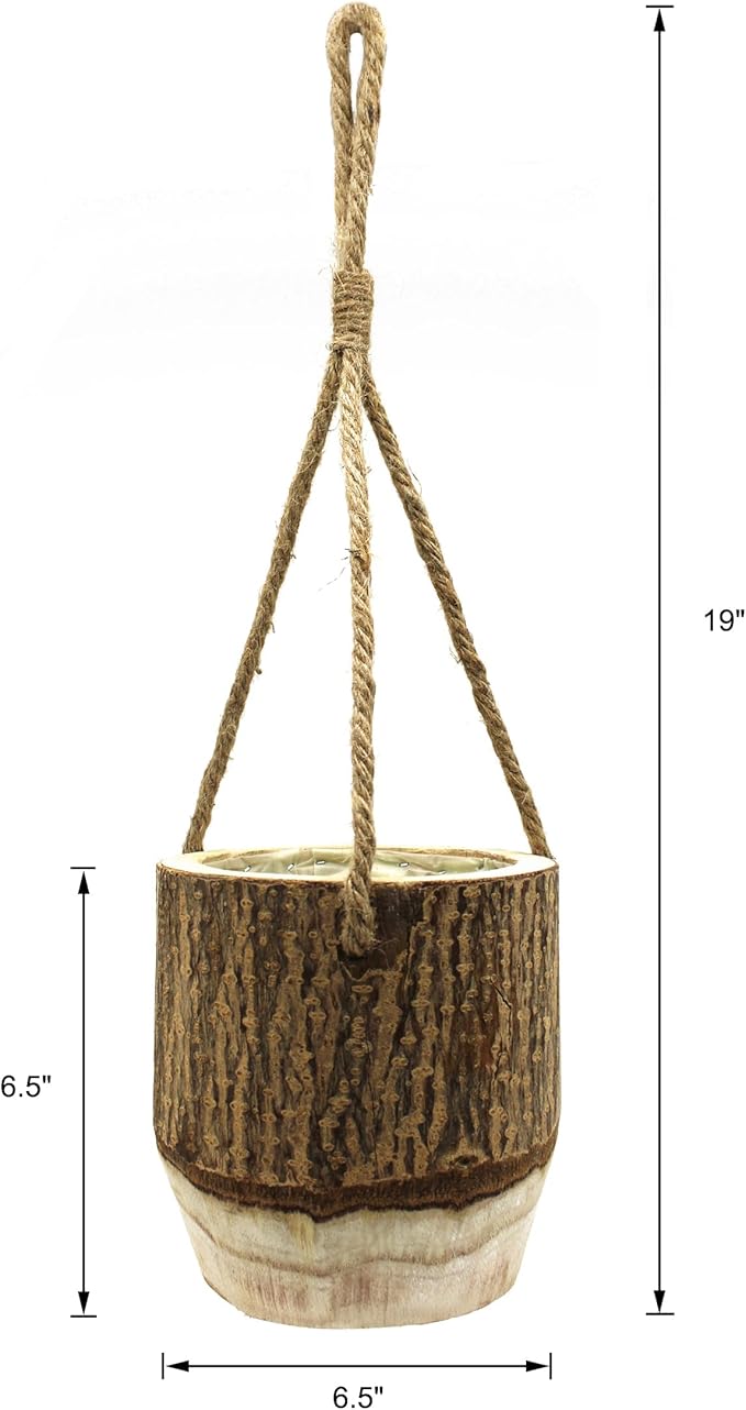 CVHOMEDECO. Farmhouse Hanging Planter Rustic Wood Plant Holder Natural Bark Flower Pot with Hemp Rope Hanger for Garden and Indoor Decor.