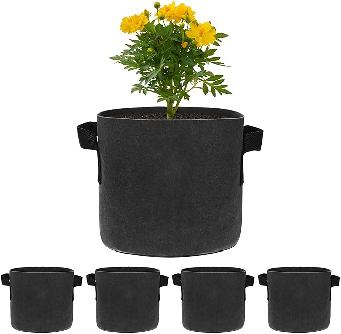 M METERXITY 5-Pack Plant Grow Bags 2 Gallon Grow Bags 300G Thickened Fabric Pots with Durable Handles Plant Garden Grow Pots for Fruits/Vegetables/Flowers/Plants [Black]
