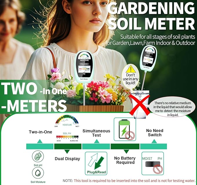 HSLGOVE Soil Test Kit, 2-in-1 Soil Moisture Meter/Soil PH Meter, Dual Screen Soil Tester, Soil Moisture Meter for Plants Watering/Gardening for Lawn,Farm Indoor&Outdoor Use-Mint Green