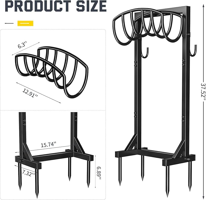 Kesfitt Garden Hose Holder Stand with 4 Spikes & 2 Tool Hooks, Detachable Heavy Duty Metal Freestanding Hose Reel Outdoor Organizer for Lawn Yard Water Storage Rack