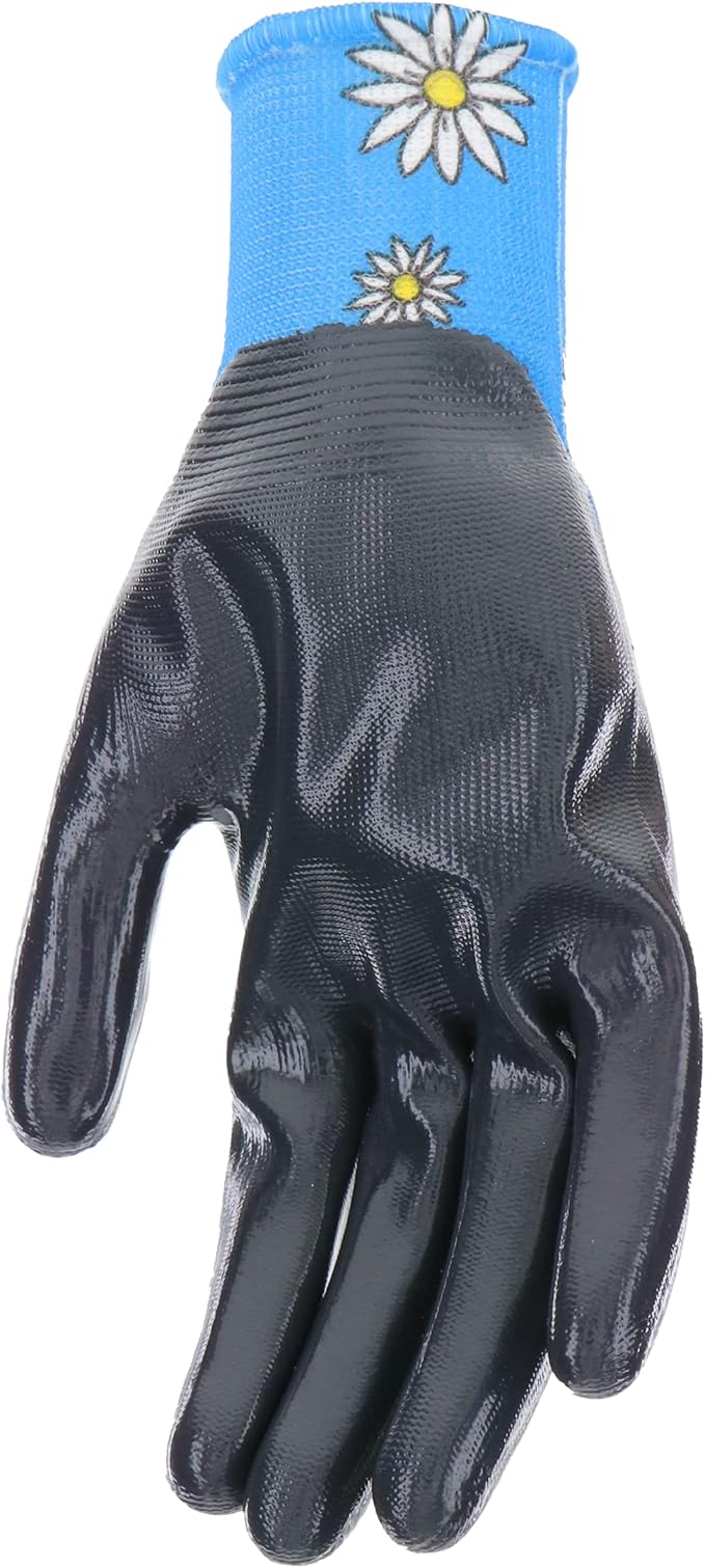 Mud Grip Women's Daisy Printed Polyester Shell and Flat Nitrile Coated Palm Gardening Gloves,