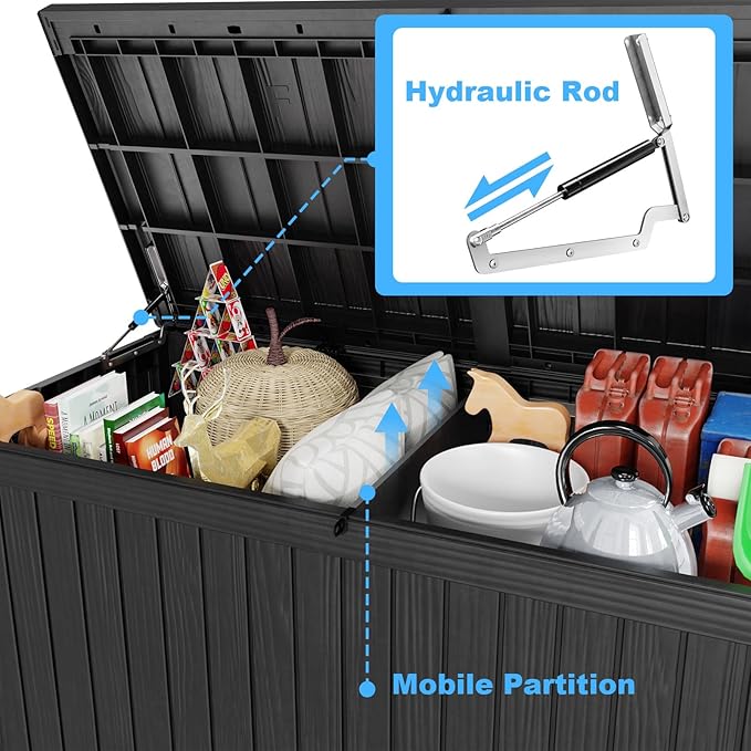 Vixzen 200 Gallon Resin Deck Box, Lockable Outdoor Storage Box for Patio Cushions Storage Furniture,Garden Tools, Pool Supplies, Weatherproof and UV Resistant（Black，200 Gallon）