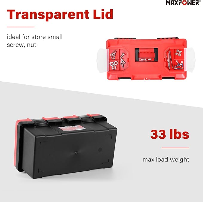 MAXPOWER 17 inch Tool Box, Small Plastic Toolbox with Handle, Removable Tray and Lockable Latches
