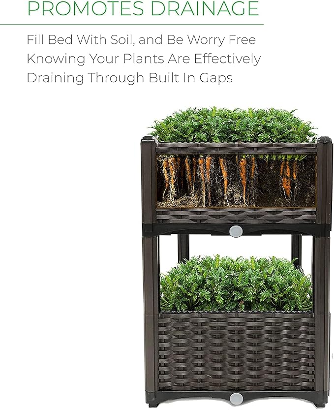 Raised Garden Planter, Resin, Elevated Flower Bed Box Kit for Vegetable, Flower, Herb Gardening | 16" X 18", Wicker Pattern, Brown