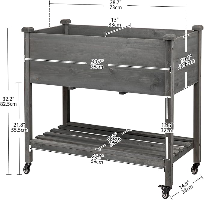 Raised Garden Bed with Lockable Wheels, 32x16x32 inch Elevated Wood Planter with Storage Shelf Protective Liner for Vegetable Flower Herb Outdoor Balcony Patio Backyard, Grey