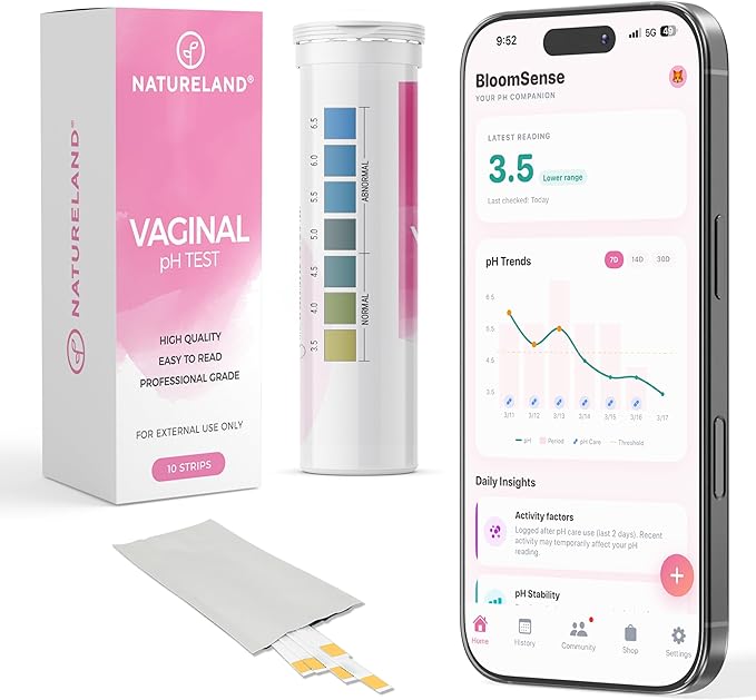 NATURELAND Vaginal pH Test Strips for Women – At-Home BV and Yeast Infection Test Kit, with BloomSense App, Accurate 3.5-6.5 Range, Foil-Sealed (10 Strips)