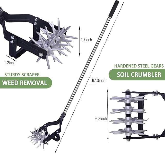 YEELOR Garden Rotary Cultivator, 67-Inch Adjustable Handle, Sturdy Star Tines, 2-in-1 Weeding & Tilling Hand Tiller, Ideal for Tilling Flower Beds, Planters, Vegetable Gardens Elevated Planter Beds
