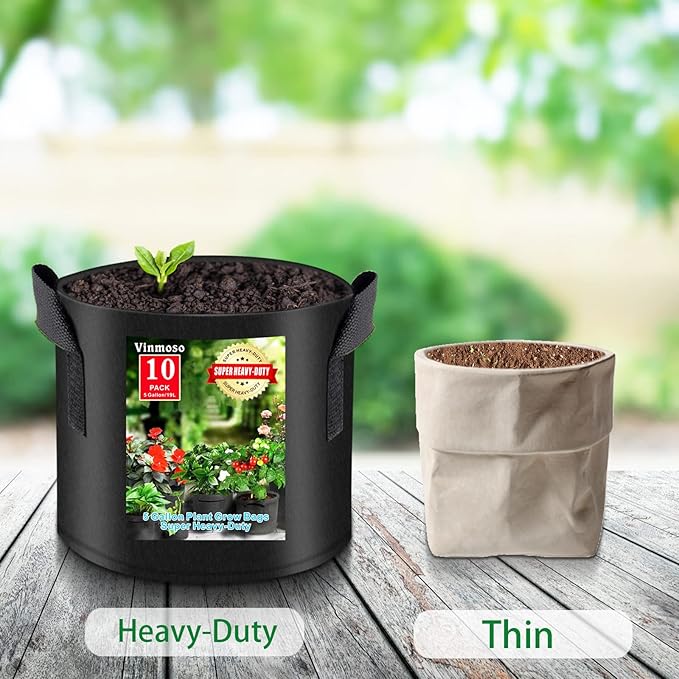 10 Pack Grow Bags with Handles, 5 Gallon Heavy Duty Thickened Non-Woven Plant Bags