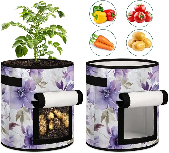 10 Gallon Potato Grow Bags Purple Watercolor Flowers Growing Bag with Handles Harvest Window Durable Garden Planting Bag Thickened Nonwoven Fabric Pots for Tomato Vegetable Fruits, 2 Pack