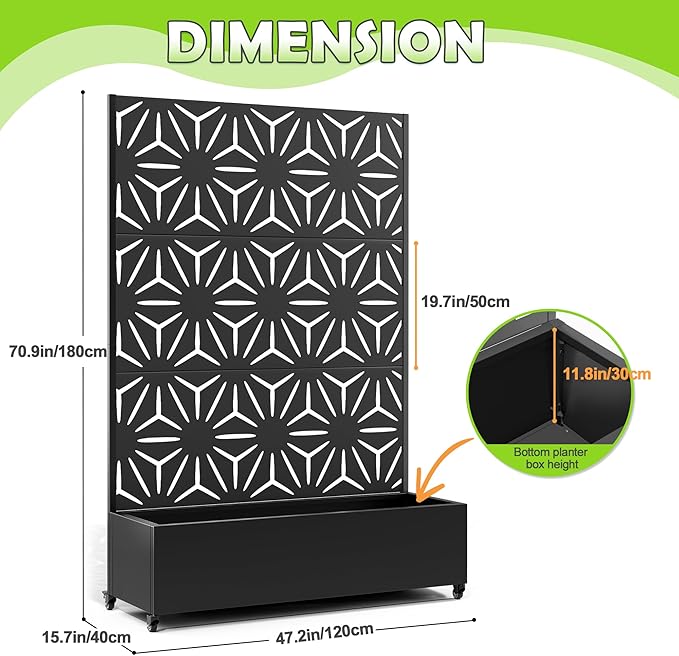 15.7"×70.9"×47.2" Metal Raised Garden Bed with Trellis and Wheels - Tall Trellis Planter Box for Climbing Plants, Vegetables & Vines - Outdoor Privacy Planters for Patio (Black-Star)