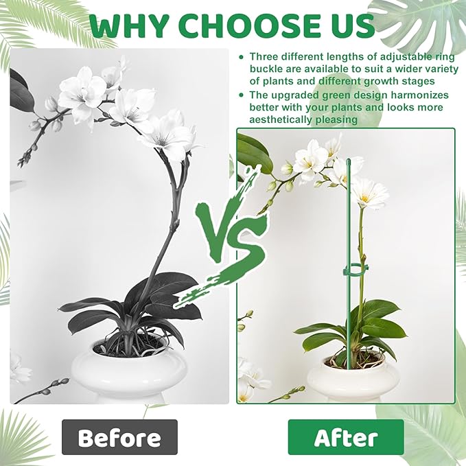 12inch Plant Stakes, 16Pcs Adjustable Plant Support Stake Plant Sticks for Indoor Outdoor Green Poles with Rings Clips & Ties for Potted Plants Monstera Tomato Orchid Flower