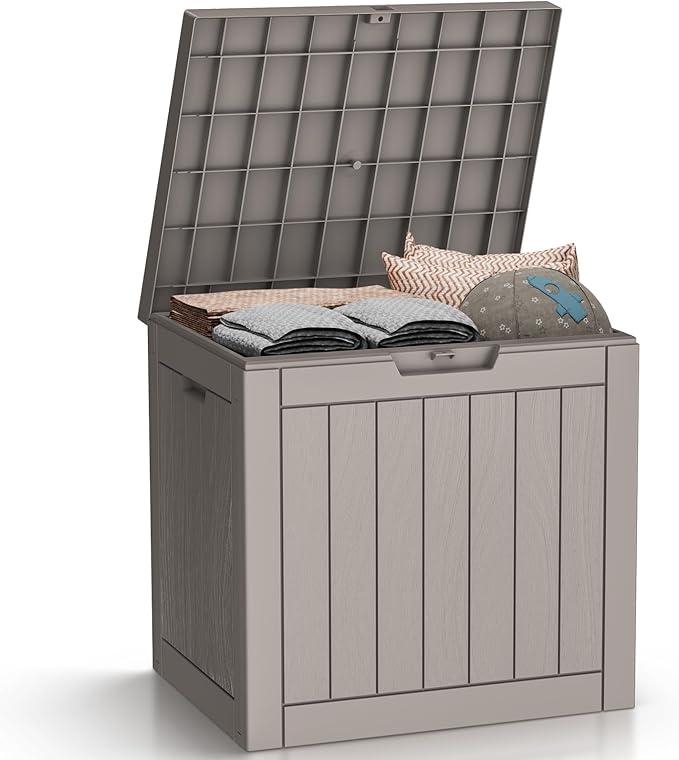Vixzen 30 Gallon Resin Deck Box - Lockable Outdoor Storage for Patio Cushions, Garden Tools, Pool Supplies（Grey，30 Gallon）