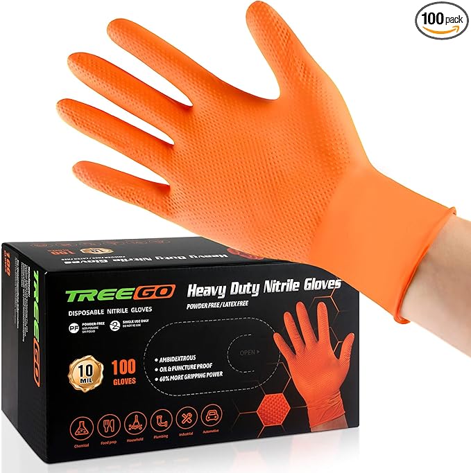 TREEGO Heavy Duty Orange Nitrile Gloves 10 Mil Disposable Rubber Work Gloves - Double Diamond Grip, Mechanic Rubber Gloves for Automotive & Industrial Use, Latex Free, 100 Count Medium