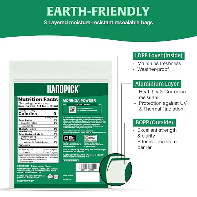 HANDPICK USDA Organic Moringa Powder (397g/14oz) Pure Moringa Oleifera Leaf Powder | Authentic Indian Origin | Gluten Free, Non-GMO | Perfect for Smoothies, Drinks, Tea & Recipes