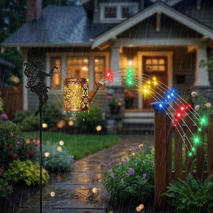 Solar Watering Can with Cascading Lights Outdoor Garden Decor,Waterproof Solar Lantern with Fairy Shepherd Hook,Solar Fairy Lights Outdoor Decoration,Unique Garden Gifts for Women, Flow RGB