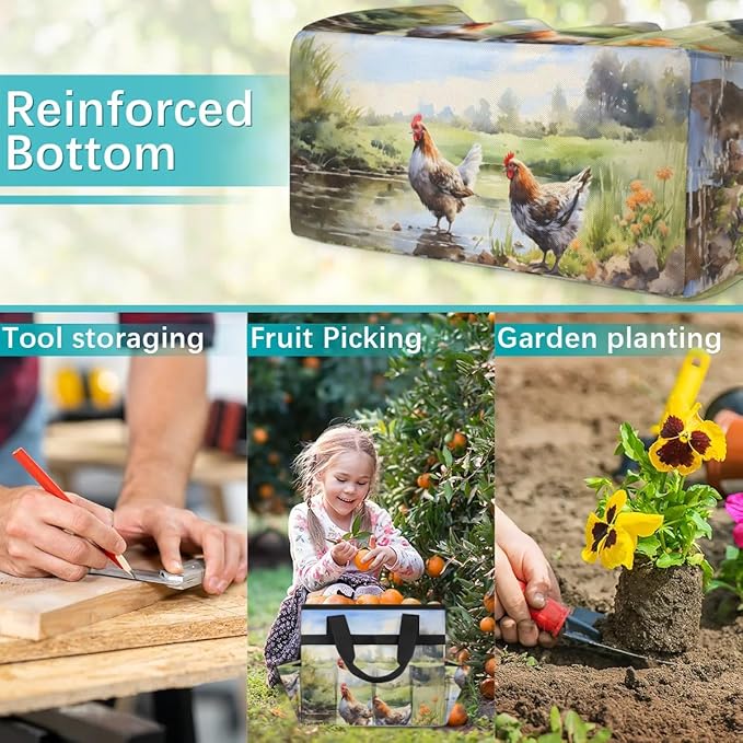 Garden Tool Bag Organizer Garden Tote Bag with Pockets Field Animal Rooster Tool Storage Organizer Gardening Tool Kit Holder 13" x 6.8" x 2.8"