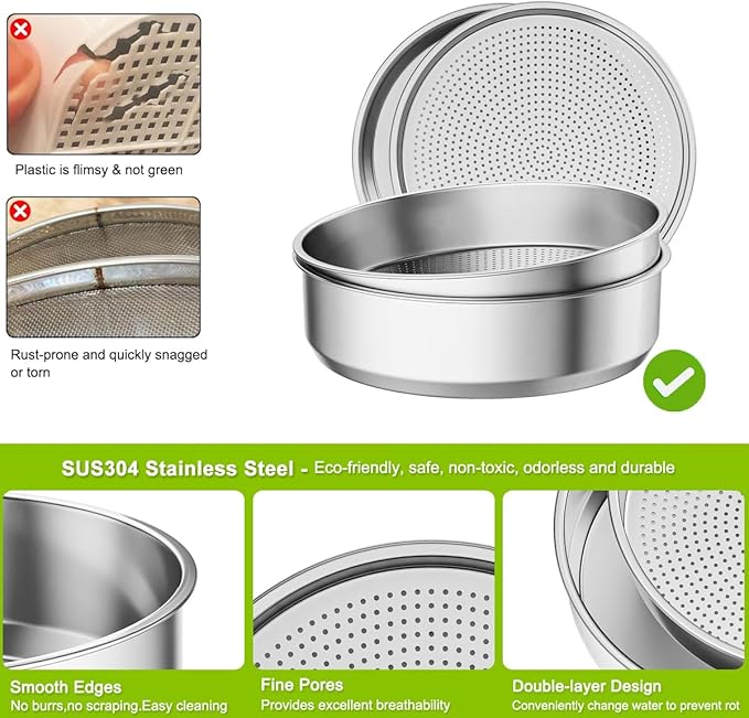 FANHAO 2 Pack Stainless Steel Seed Sprouter Trays, Food-Grade Microgreens Growing Tray, Soil-Free Cultivation Germination Tray for Indoor or Outdoor Sprouting Seeds, Grow Grass, Beans (Without Lids)