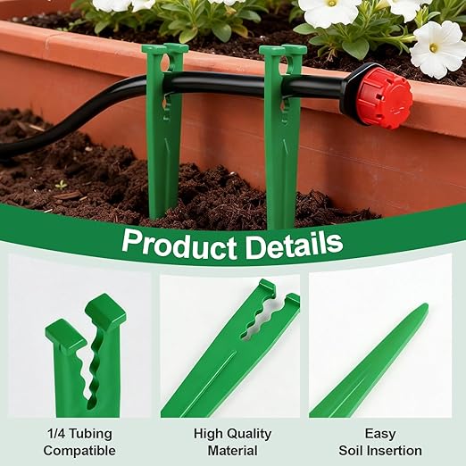 100 Pieces 1/4 Inch Drip Irrigation Support Stakes, 5.6-Inch Long Plastic 1/4'' Heavy-Duty Tubing Holder Stakes for Irrigation Hose/Emitter Support Garden Greenhouse Drip Supplies (Green)