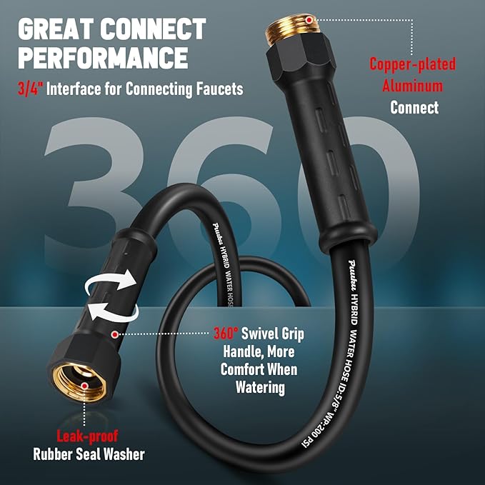 Short Garden Hose 10ft x 5/8", NON-EXPANDABLE Heavy Duty Premium Flexible Water Hose, No Kink, Leakproof, Lightweight Hybrid Hose with Male to Female Fittings for Household、Backyard