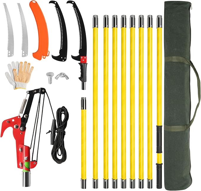 30FT Pole Pruning Saw, Manual Pole Saw Long Handle Pruner Set, Telescopic Tree Trimmers Garden Tools with Sharp Blade, Scissors, Carry Bag for Pruning Palms and Shrubs High Branches, Yellow