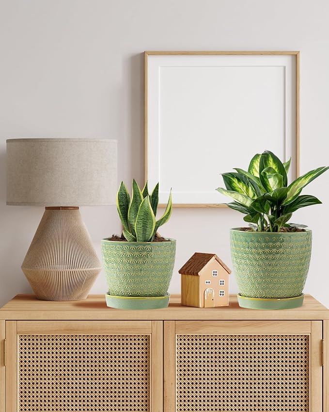 Plant Pots, Flower Pots, Planters for Indoor Plants(6.5+5.5inch), Flower Pots for Indoor Plant with Drainage Hole and Saucer, Ceramic Pots for Plants with Hole Mesh Pad,Sage Green