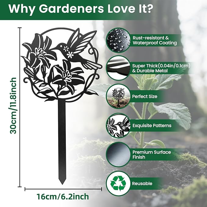 CUTHOLLOW Metal Plant Marker Stake Hummingbird and Flower for Outdoor Indoor, Waterproof 11.8 inch Cute Garden Plant Labels Sign Tag for Vegetables, Farmhouse Greenhouse Decor - Funny Gardening Gifts
