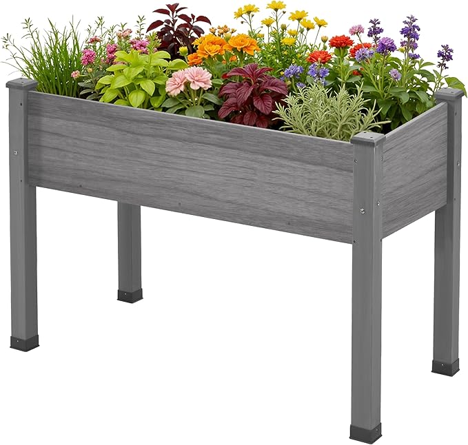 AMERLIFE Raised Garden Bed, 48x30x24 Inches Elevated Wood Planter Box with Bed Liner, Legs, Divider, Drainage Holes, Stand for Backyard, Patio, 200 Lb Capacity - Grey