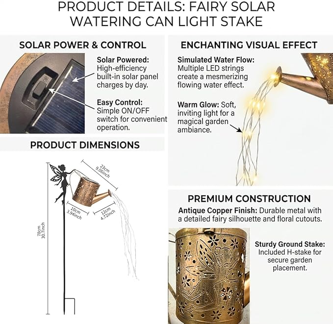 Solar Garden Outdoor Decorative, Watering Can with Layered Lighting, Featuring Metal Silhouette Garden Stake, Mother's Gift for Women, Waterproof Garden Decor (Fairy)