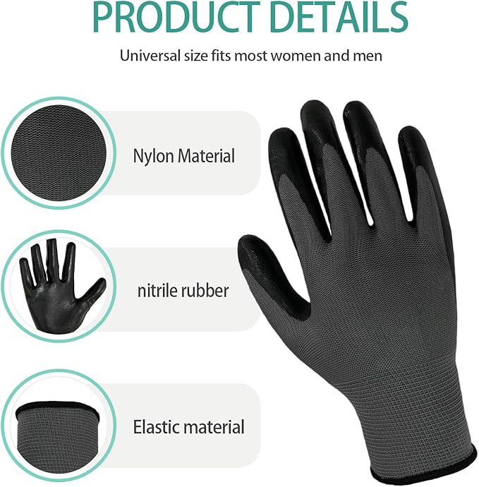 YOUKE OLA 120 Pair Gardening Gloves for Men Women, Breathable Rubber Coated Garden Gloves Working Gloves for Gardening, Construction Black