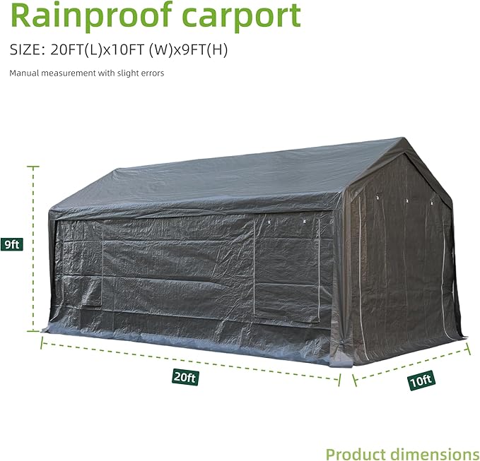 Car Ports, 10X20 Ft Heavy-Duty Carports with Roll-Up Windows, Portable Garages with Removable Side Walls and Doors, Trucks and Cars with All-Season Waterproof Pe Tarps