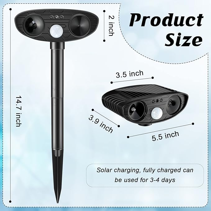 Ultrasonic Animal Repellent Outdoor Solar Powered Repeller Cat Dog Deer Deterrent Waterproof Motion Sensor Deterrent for Yard Garden Rabbit Squirrels Fox Pest(Black,2 Pieces)