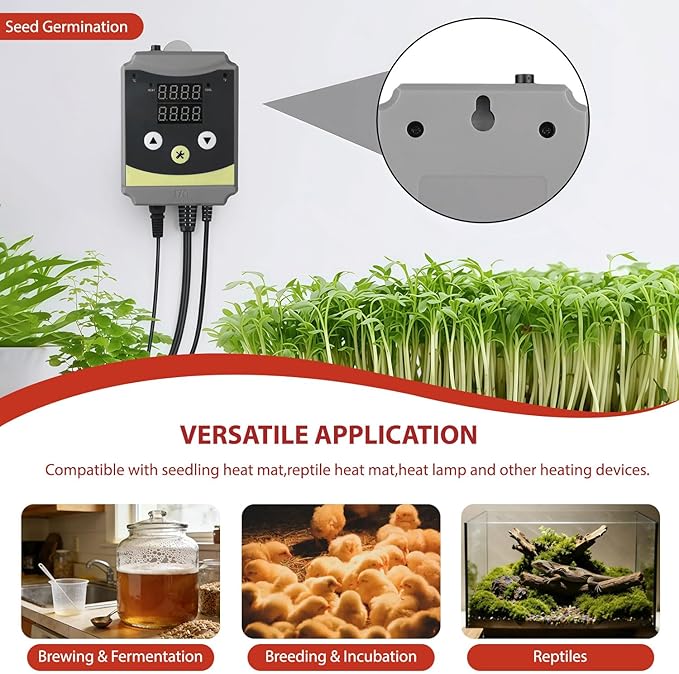 Refrigeration and Constant Temperature Control,Reptile Thermostat Temperature Controller,Digital Heat Mat for Seed Starting,Plant Germination,Incubator,Brooder, Brewing,Cooling Devices,-4-176°F,1000W