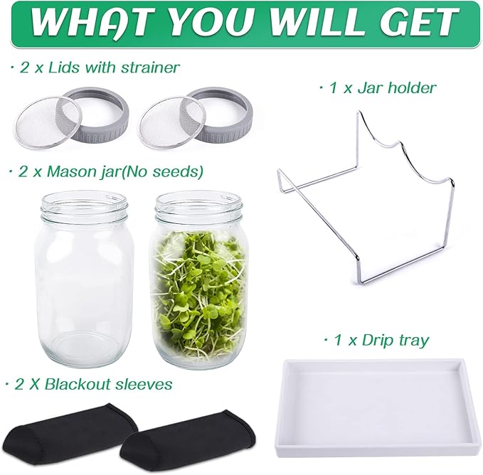 Kikerike Seed Sprouting Jar Kit with 2 Wide Mouth Mason Jars Bean Sprouts Growing Kit Microgreens Growing Jar with Mesh Screen Lids Sprouter Sprouts Maker for Growing Broccoli, Alfalfa, Mung Bean